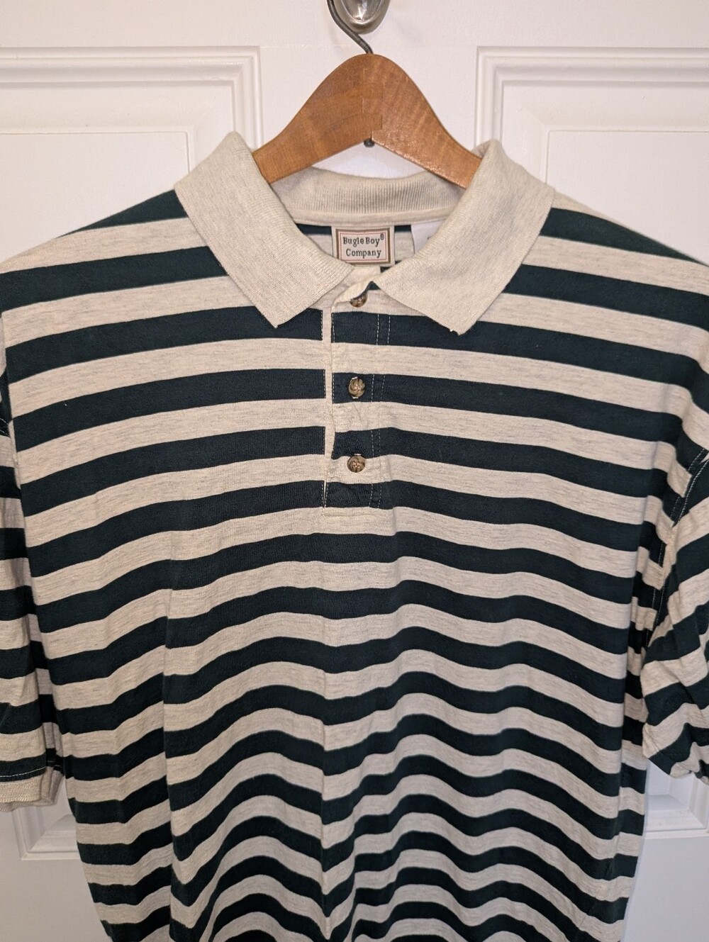 Vintage Bugle Boy Company Green & Grey Striped Polo Shirt Men's M